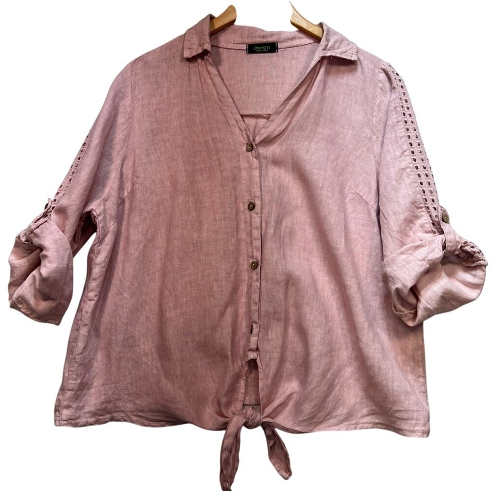 Cherishh Women's Linen Shirt Blouse Tie Hem Size L/XL Pink Roll Tab Sleeve